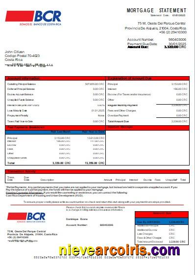 Costa Rica The Bank of Costa Rica bank mortgage statement